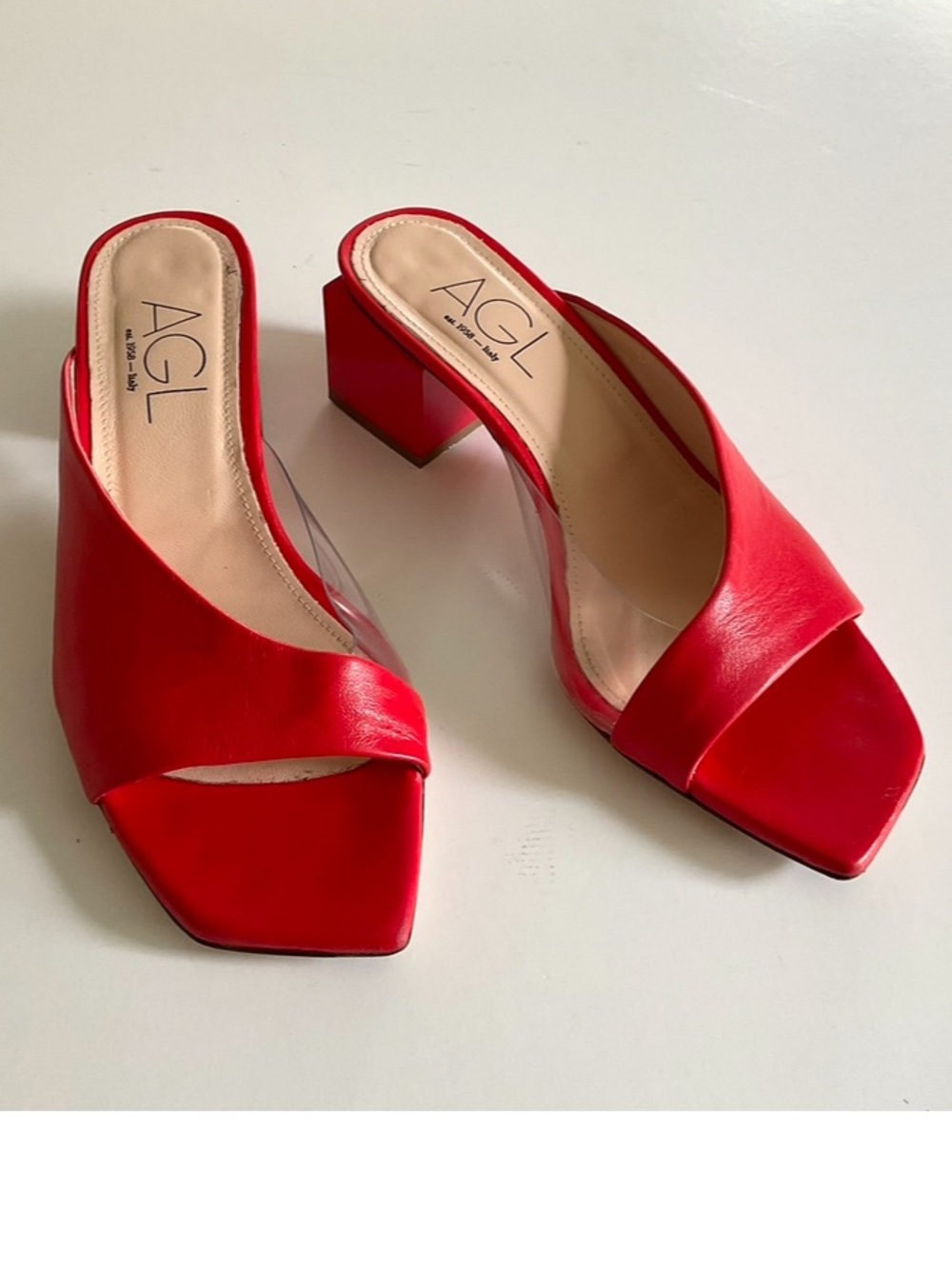 AGL Angie Leather Slide  Geometric Block Heel Pump Red Size EU 37